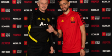 Manchester Unitedi peatreener Ole Gunnar Solskjär (vasakul) ja Bruno Fernandes.